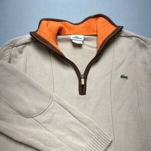 Vintage Lacoste Men knit sweater Beige Cotton Quarter Zip Elbow Patches 5 Large